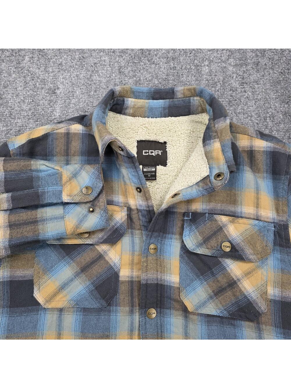 CQR Shirt Jacket Mens Small Blue Yellow Plaid Sherpa Lined Flannel Heavyweight